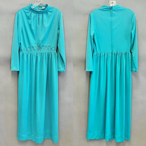 Vintage 60s/70s Turquoise Blue Keyhole Front Maxi Dress High Neck Size 18 - Picture 14 of 16